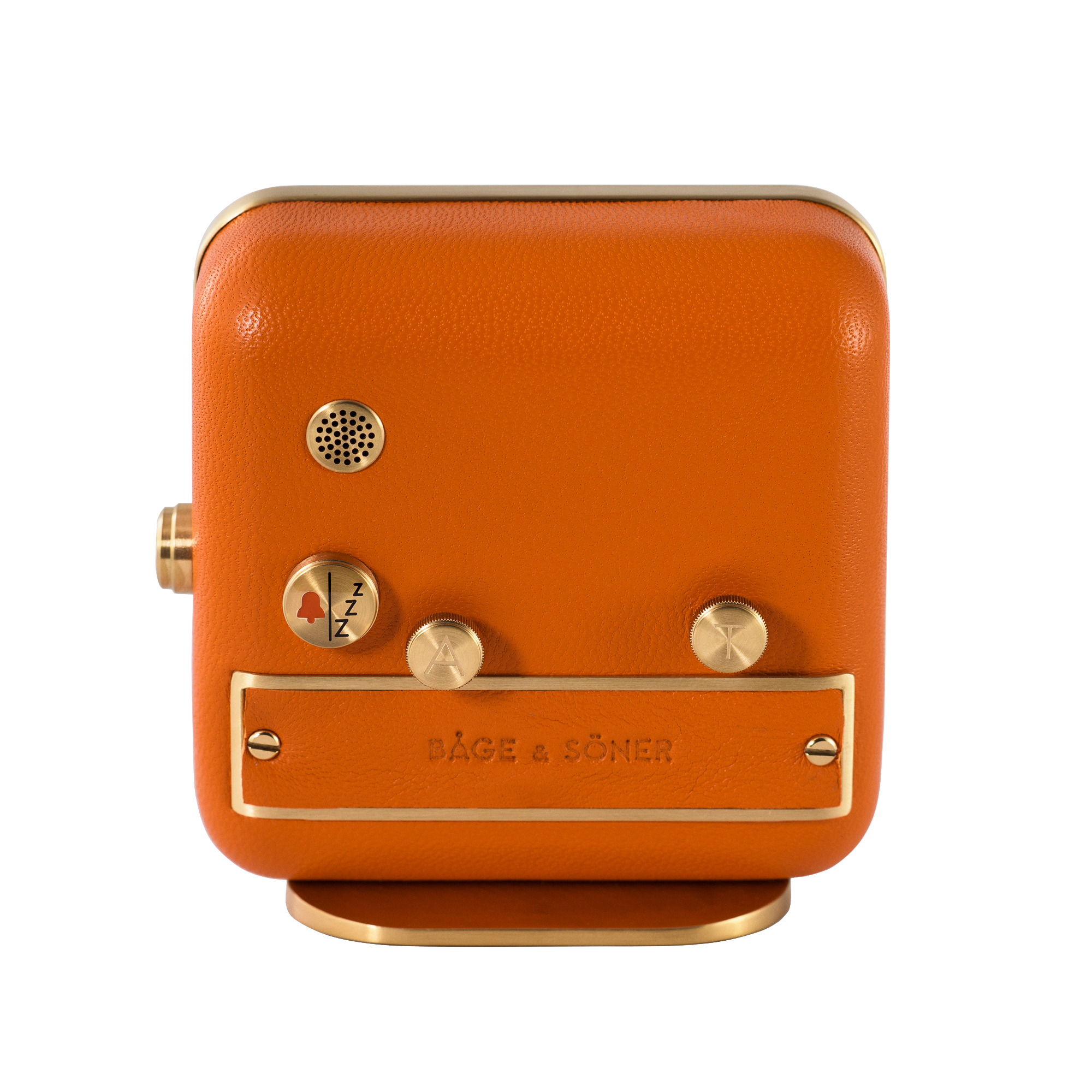 Rear view of 'Everglow' alarm clock showing the brushed gold-plated back and orange leather craftsmanship