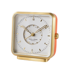 Exquisite 'Everglow' alarm clock with white dial, gold numbers, and sunray motif on the alarm zone