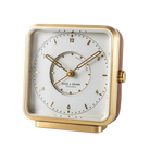 White dial and gold-colored numbers on 'Happy Yawn' alarm clock, with a tappisserie-designed zone and brushed gold-plated stainless steel frame