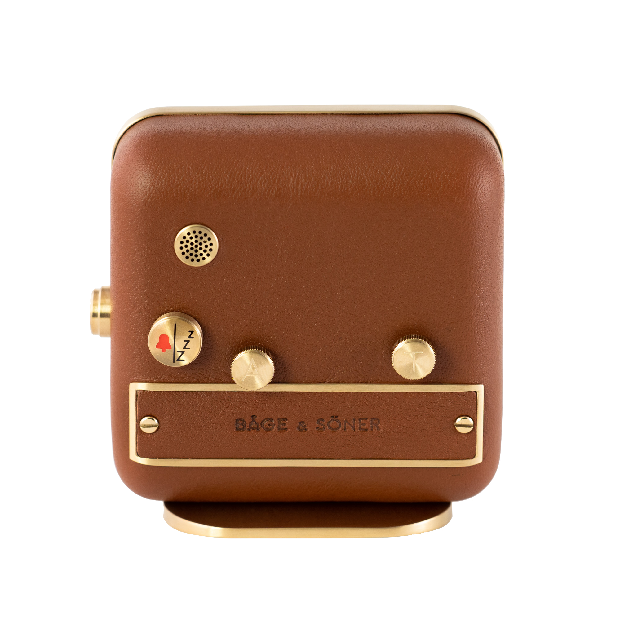 Backside of 'Happy Yawn' alarm clock, revealing the brushed gold-plated finish and cognac leather craftsmanship