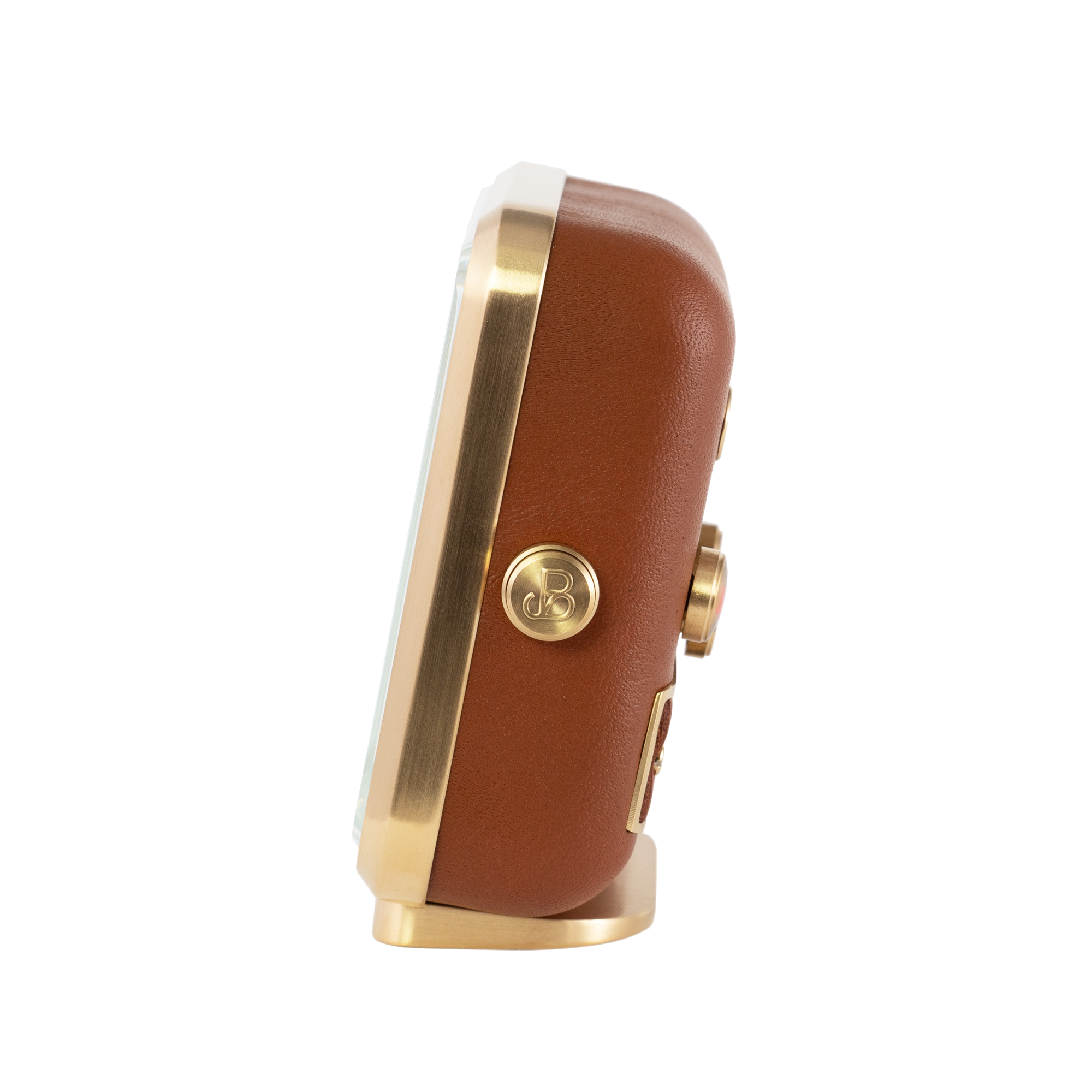 Lateral view of 'Happy Yawn' alarm clock, displaying the fine gold-plated casing and cognac brown leather