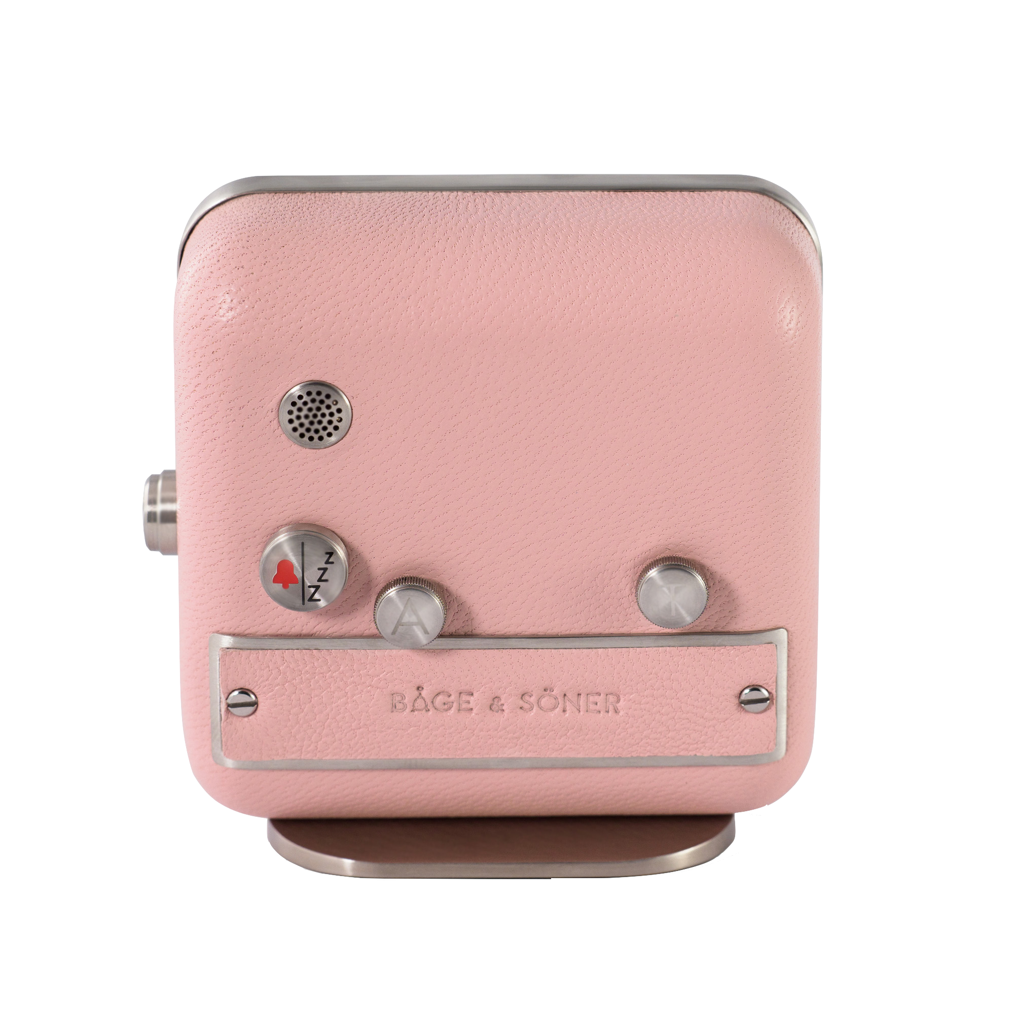 Rear angle showcasing the matte-polished stainless steel and magnolia leather of 'Magnolia Memories' alarm clock