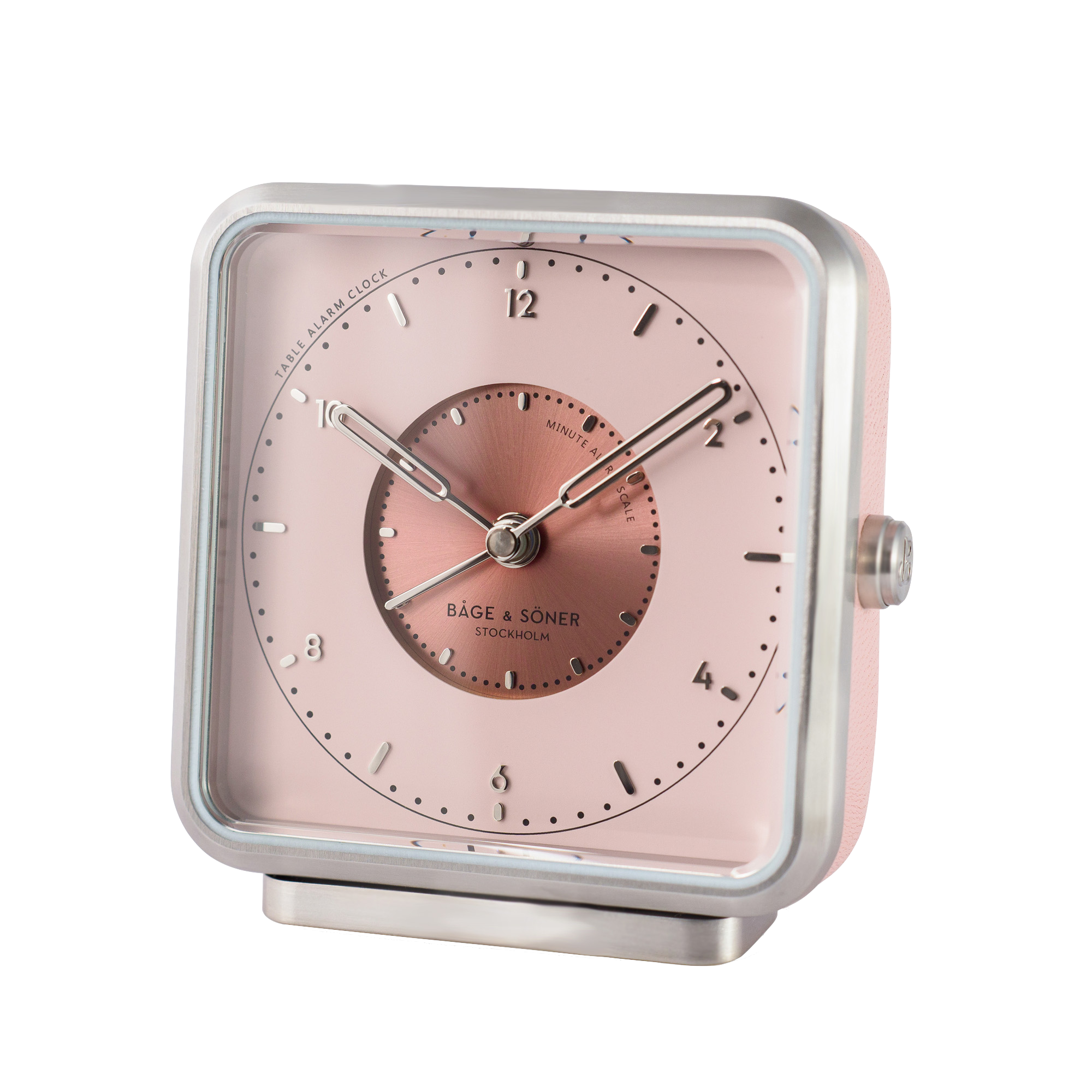 Magnolia-colored dial and silver numbers of 'Magnolia Memories' alarm clock, set within a matte-polished frame