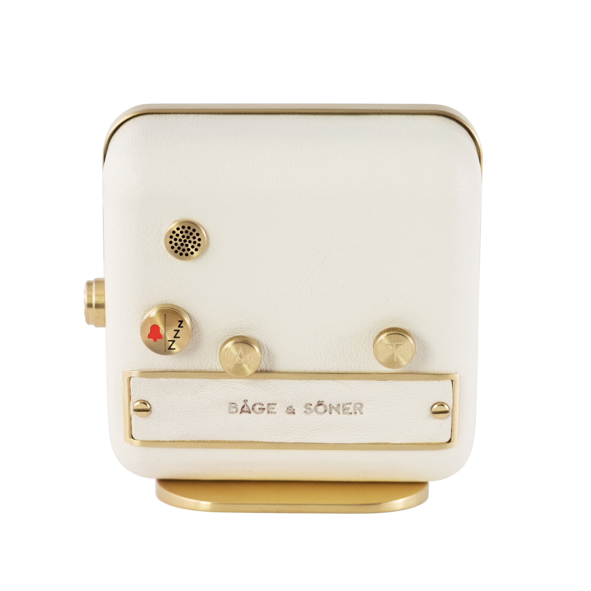 Back view of 'Morning Glory' alarm clock, highlighting the pristine white leather and gold-plated steel