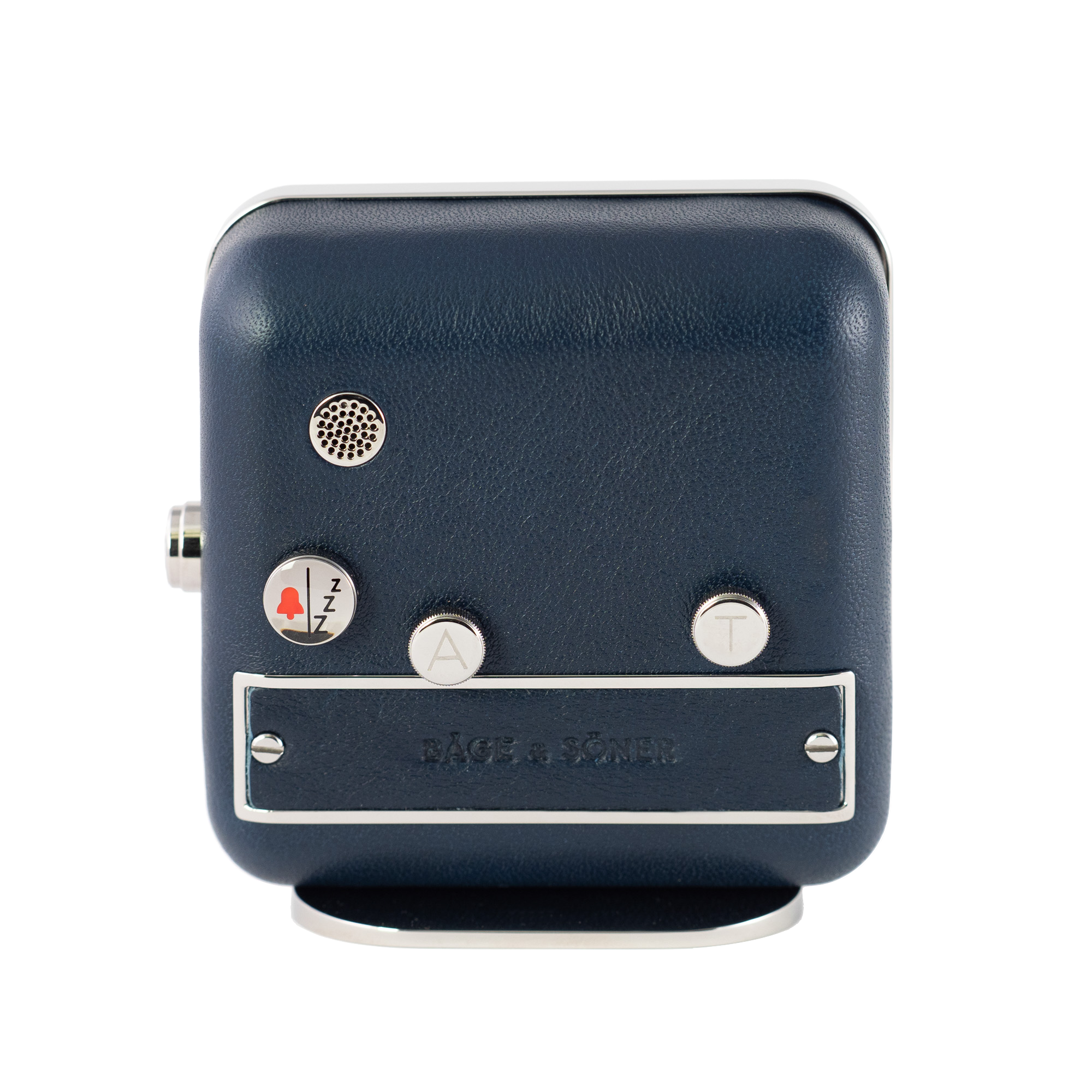 Rear view of 'Northern Lights' alarm clock, featuring polished stainless steel and a hint of blue leather