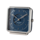 Sleek 'Northern Lights' alarm clock with a blue dial and silver numbers, paired with polished stainless steel