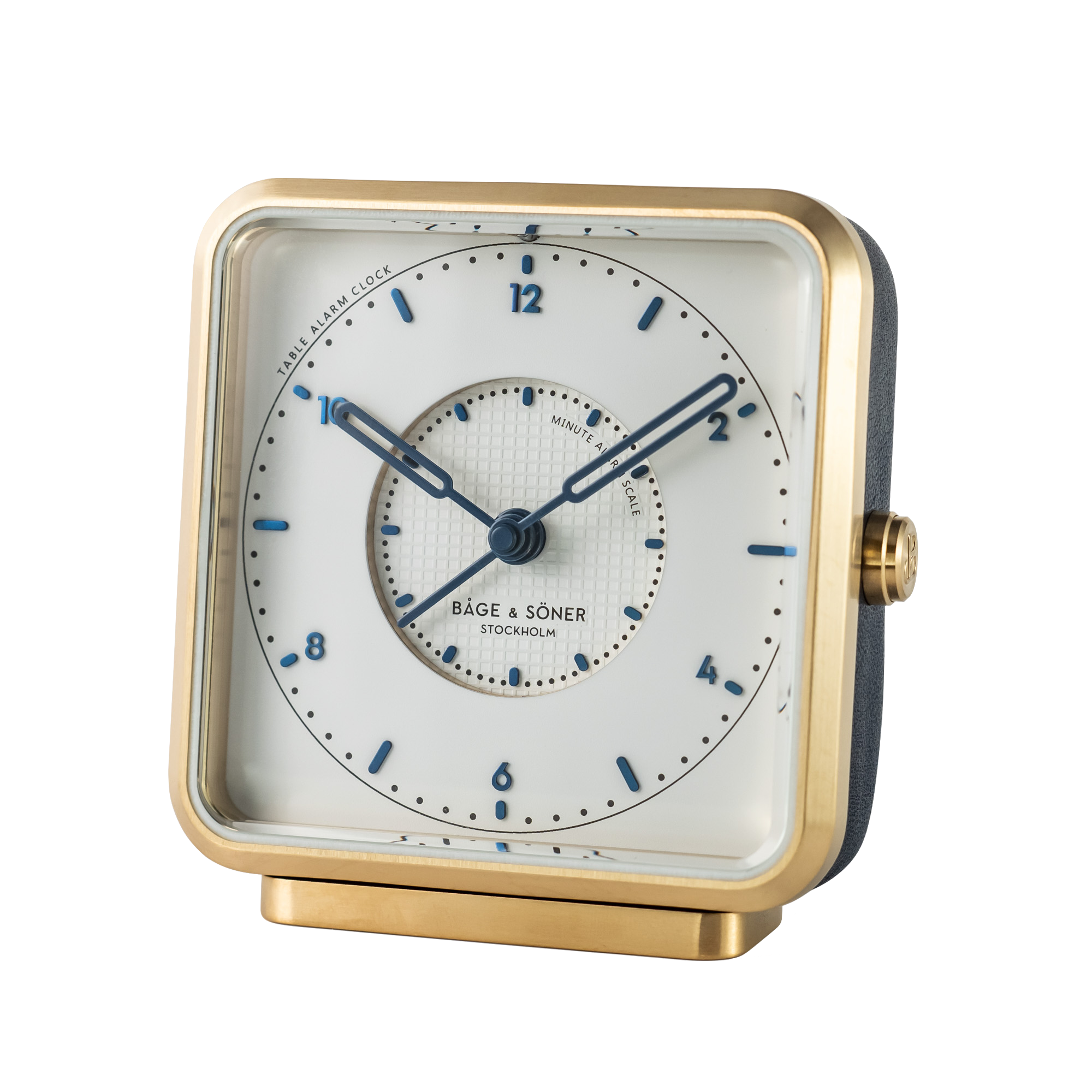 Refined 'Sea Breeze' alarm clock with a white dial and blued numbers, set in a brushed gold-plated frame