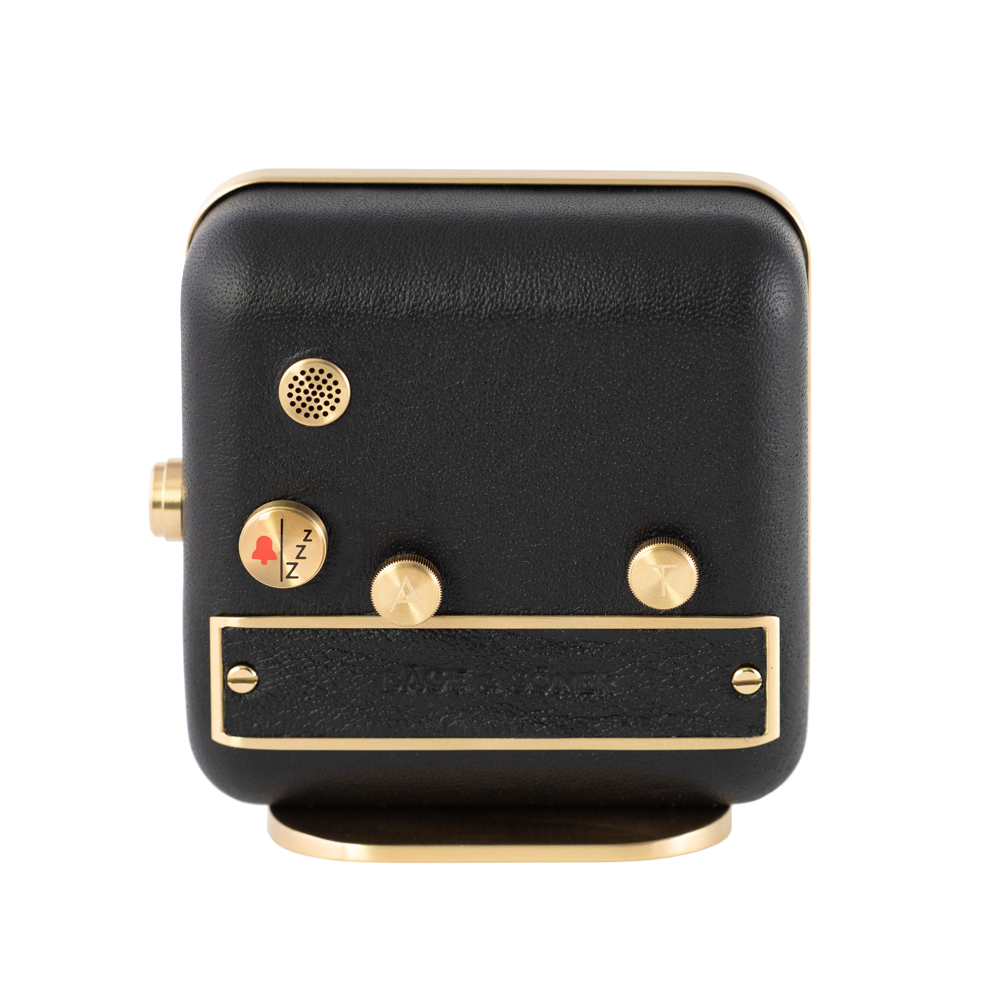 The back angle of 'Sleepy Rock' alarm clock, where luxurious black leather meets brushed gold plating