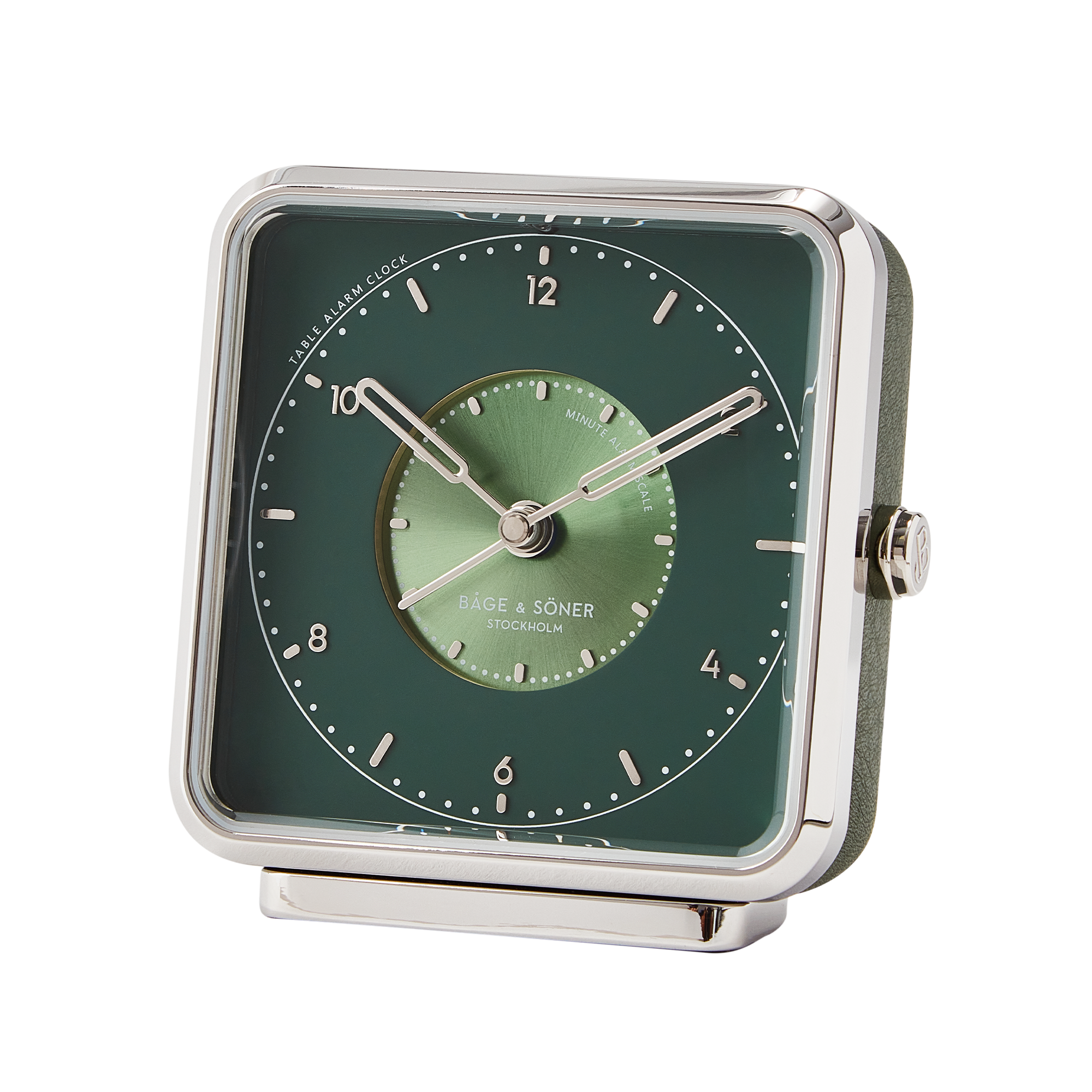 Sophisticated 'Whispering Woods' alarm clock with a green dial and silver numbers, enclosed by a matte-polished frame