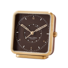 Sophisticated 'Dreamland Gold' alarm clock with a brown dial and brushed PVD gold-plated frame