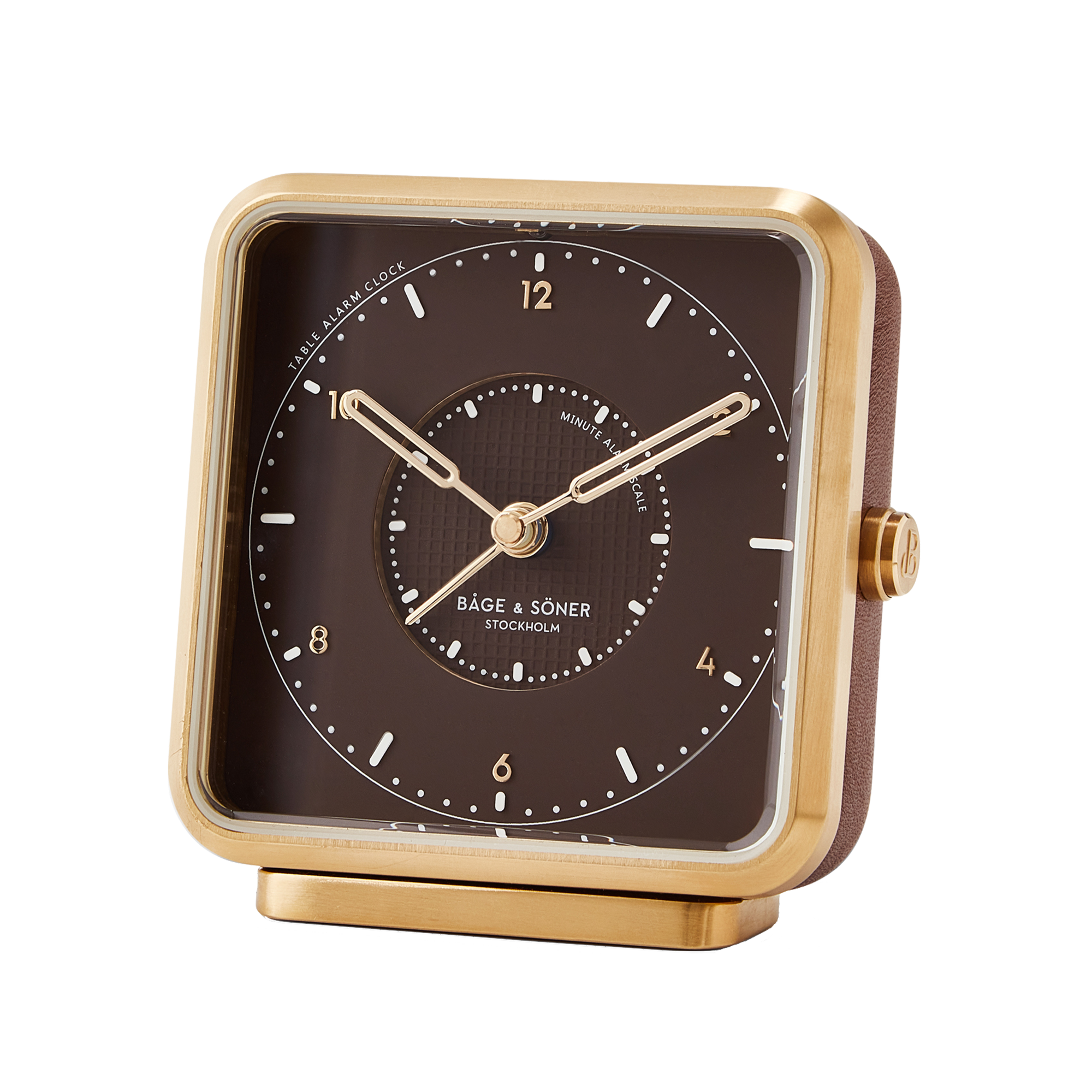 Sophisticated 'Dreamland Gold' alarm clock with a brown dial and brushed PVD gold-plated frame